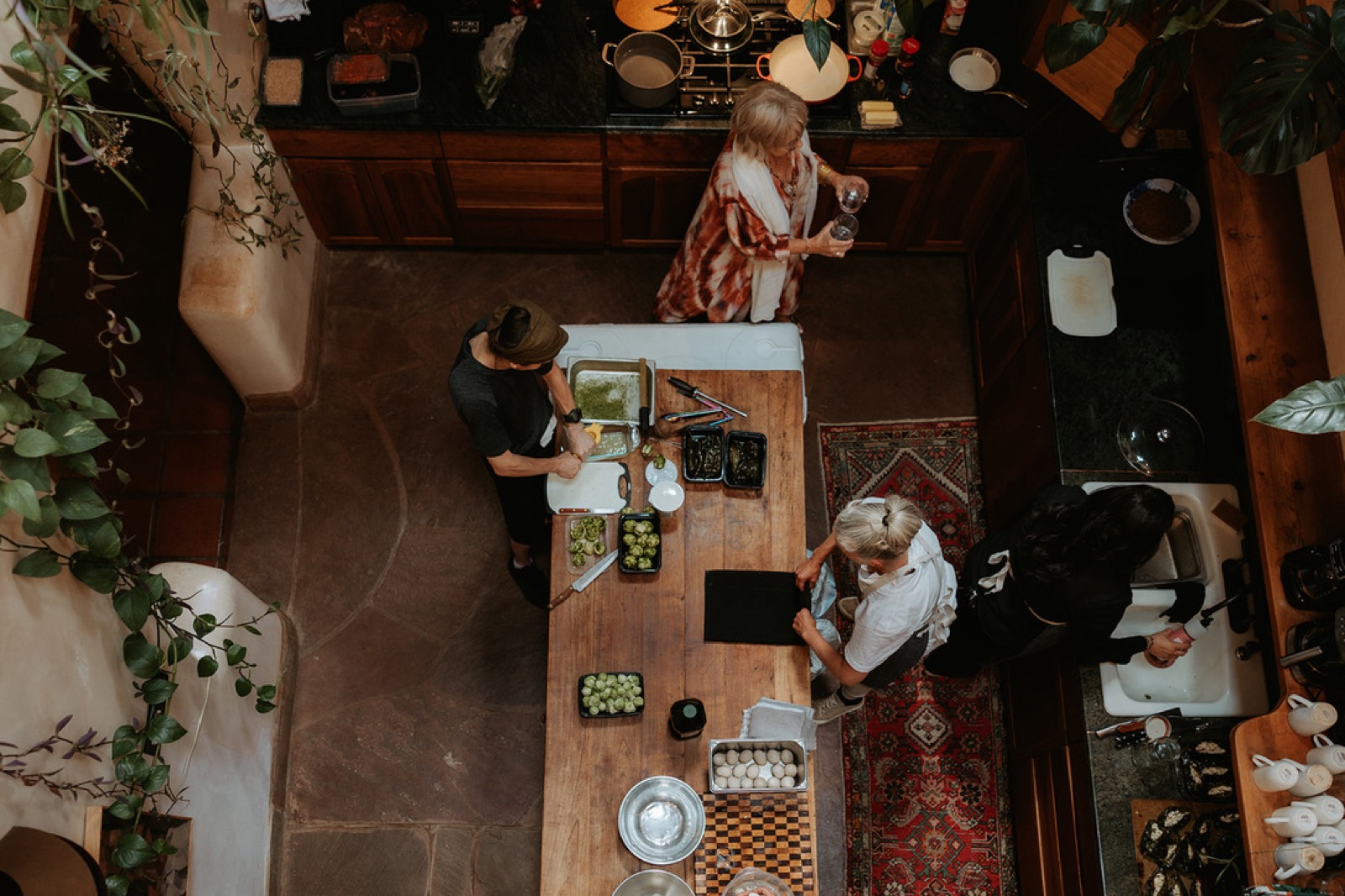 Overhead view of the Net Zero Ranch crew prepping in the kitchen.