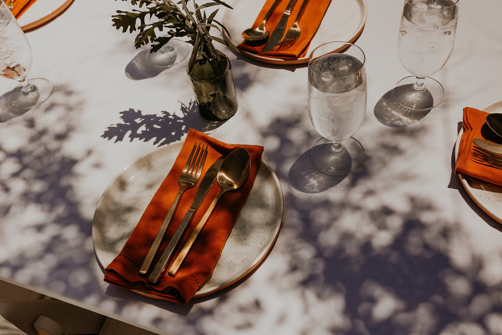 An overhead place setting with a speckled plate, rust napkin and gold flatware in dappled light.