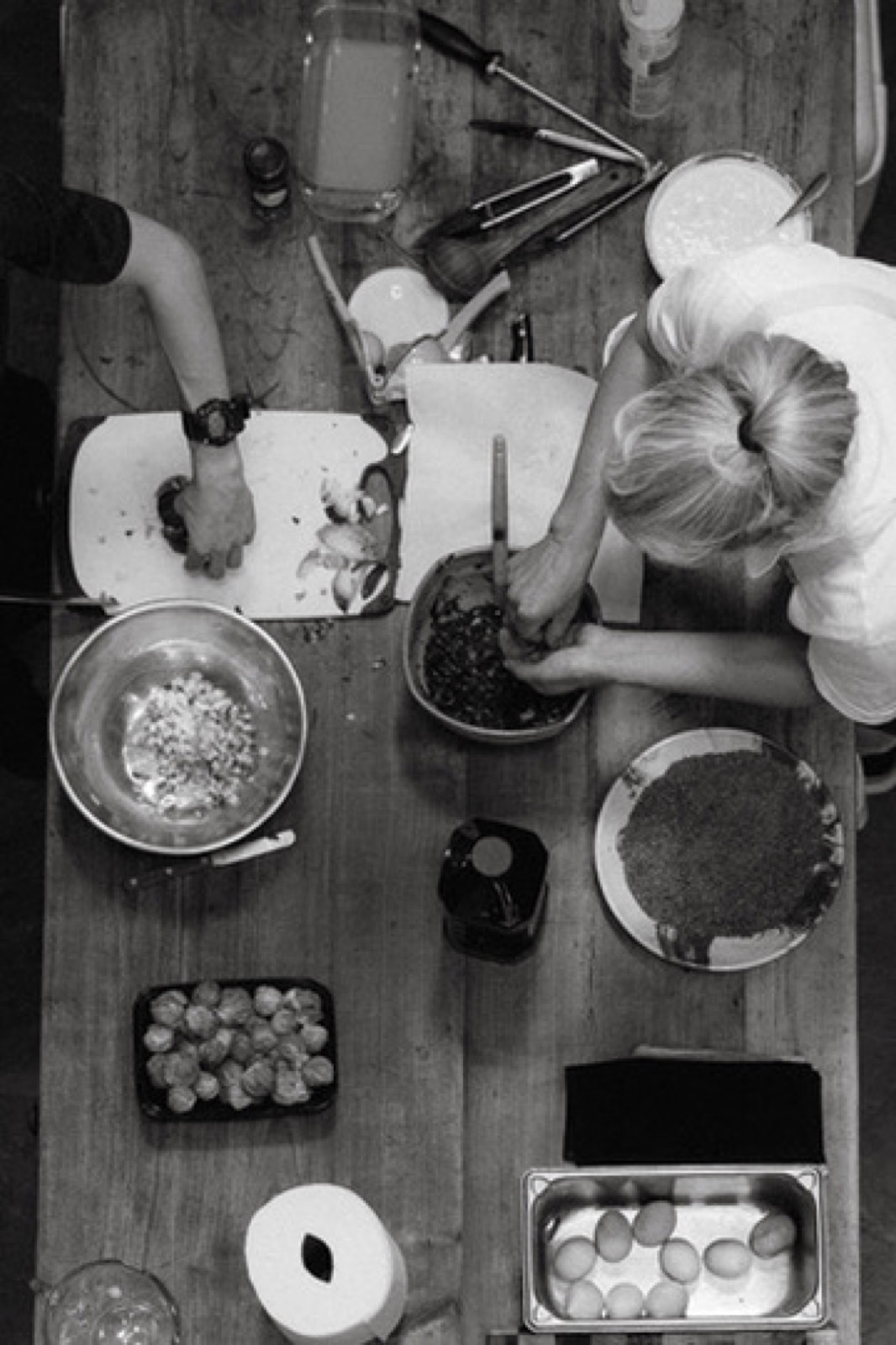 The Net Zero Ranch crew prepping, overhead in black and white.