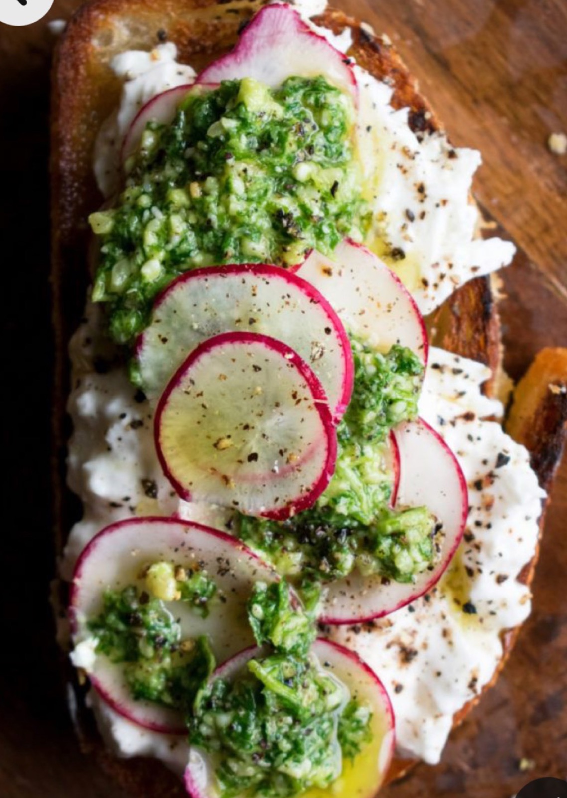 Shaved radish & basil pesto bruschetta — appetizer station.