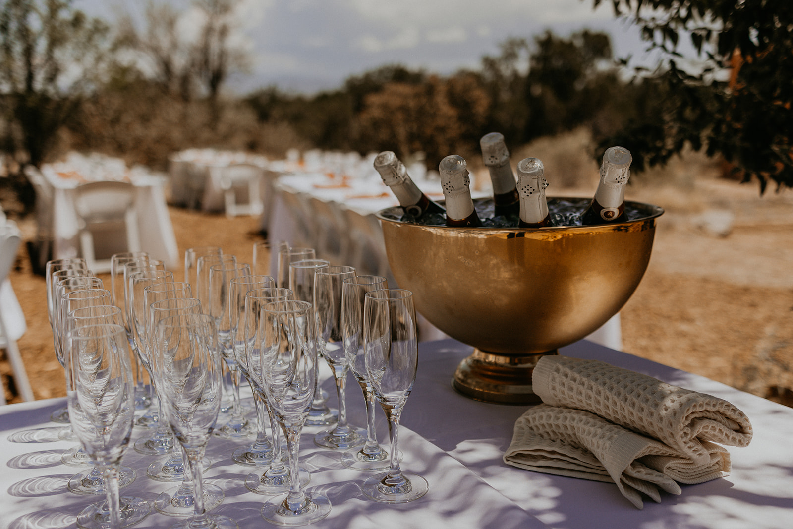 A styled wine table with champagne flutes and a golden bowl of sparkling on ice, outdoors.