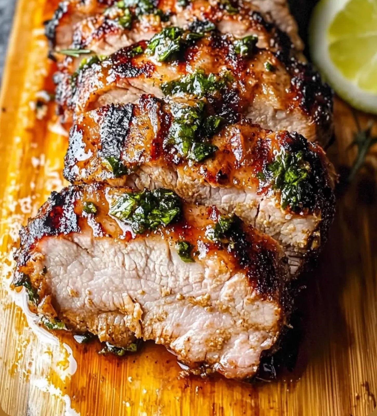 Grilled pork tenderloin, sliced with citrus and herbs — The Charro table.