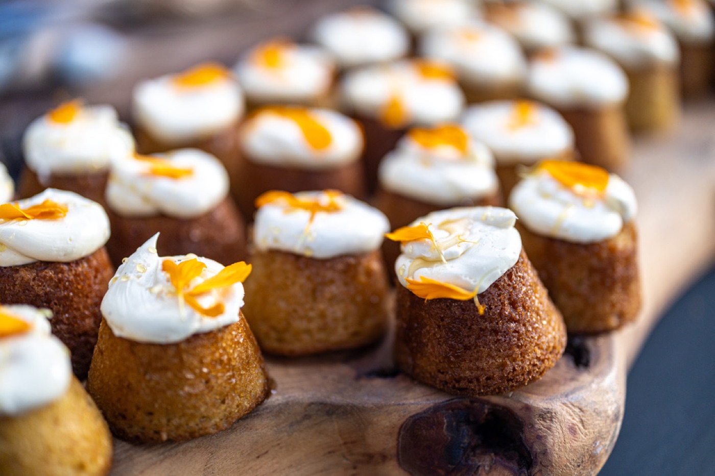 Styled photo representing Net Zero Ranch's honey cakes with mascarpone frosting.