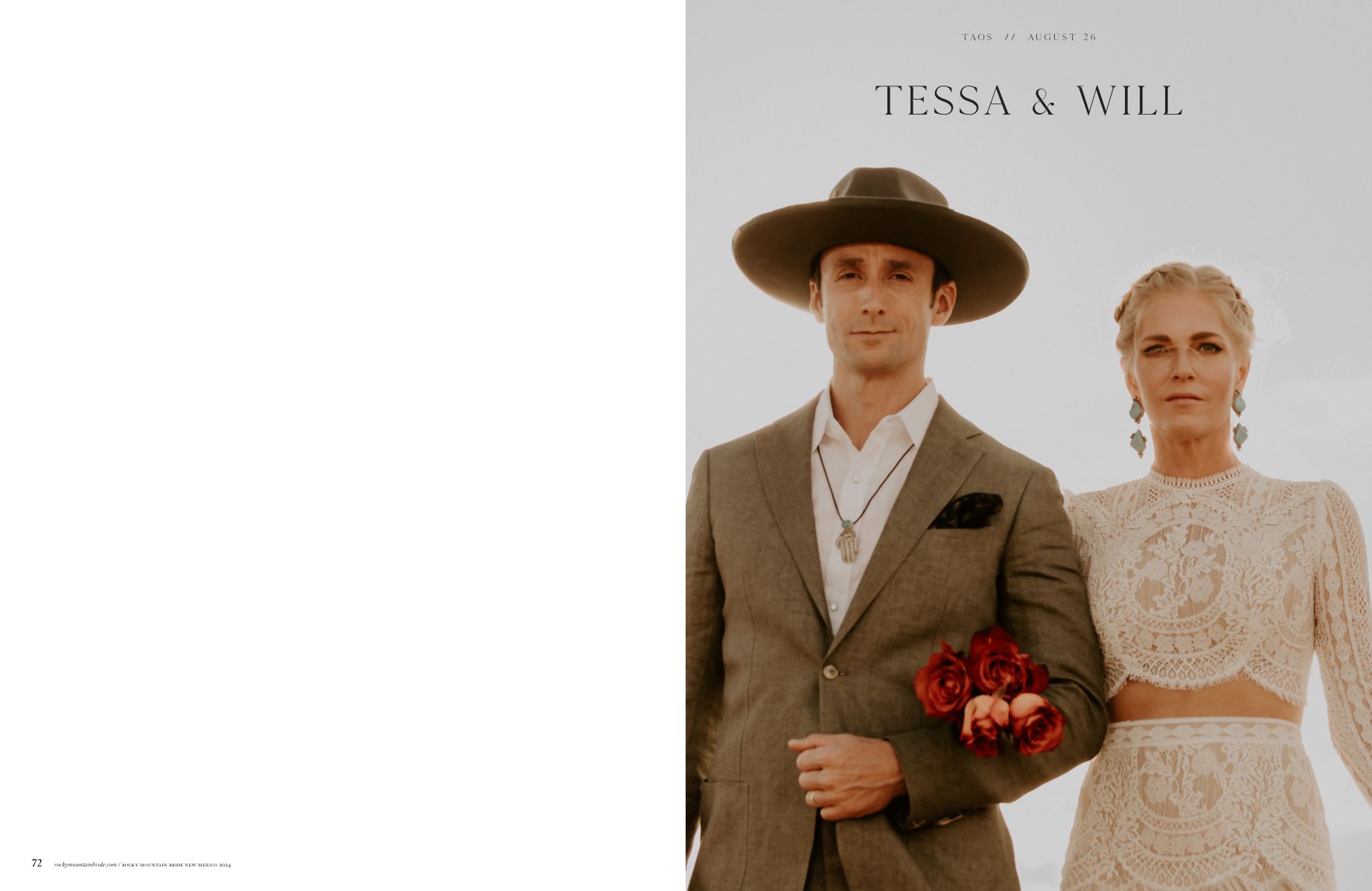 Rocky Mountain Bride New Mexico 2024 — Tessa & Will feature, pages 1–2.