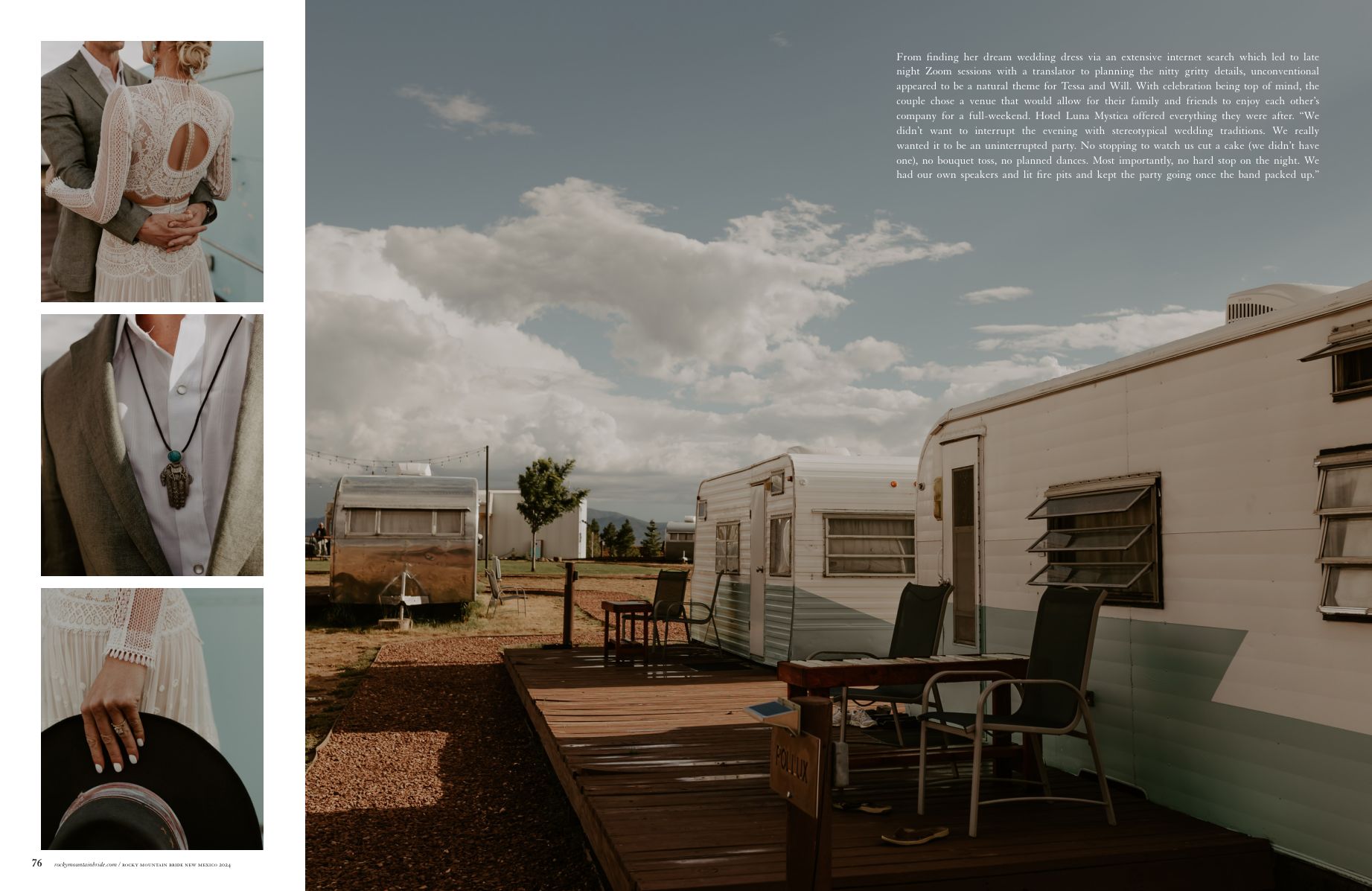 Rocky Mountain Bride New Mexico 2024 — Tessa & Will feature, pages 5–6.
