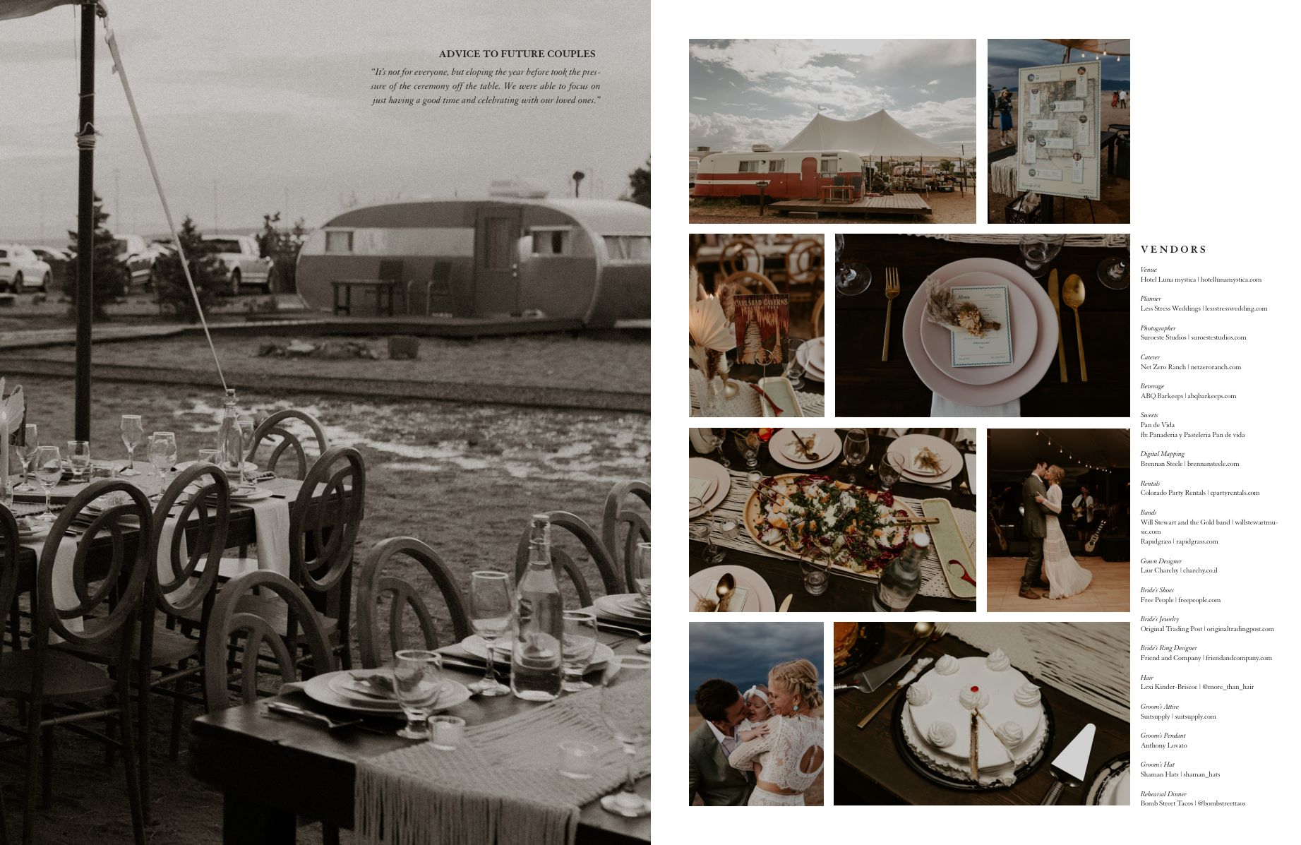 Rocky Mountain Bride New Mexico 2024 — Tessa & Will feature, pages 7–8.