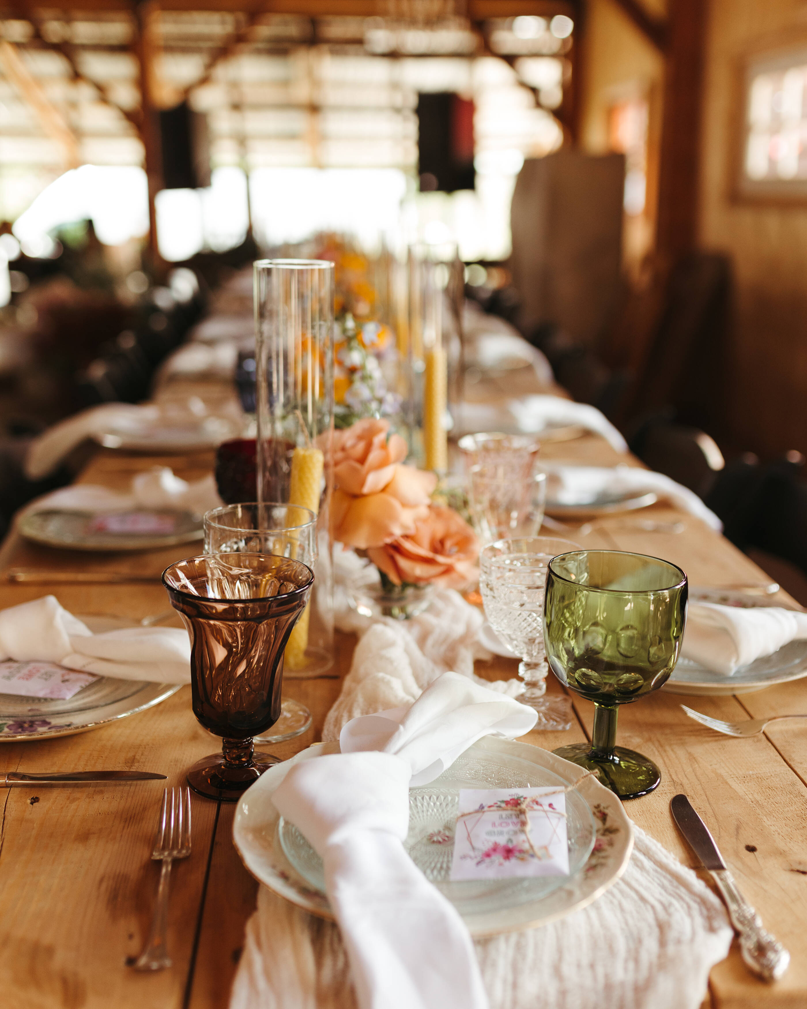 Taos Goji Berry Farm and Retreat — long table with vintage glassware.